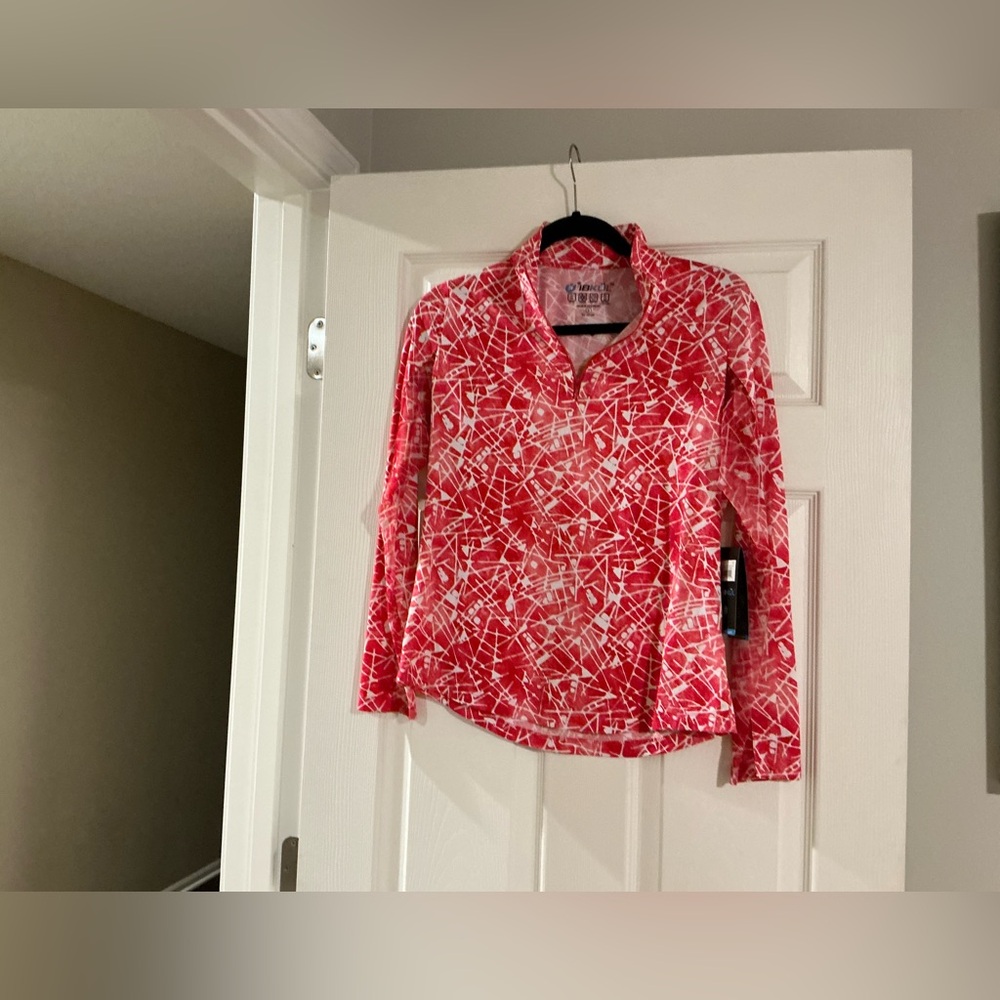 IBKUL Women's Red and White Patterned Long Sleeve Quarter Zip Small NWT